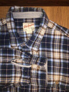 Gap Jeans Men’s XXL TALL Flannel Blue Brown Plaid Long Sleeve Button Up Shirt